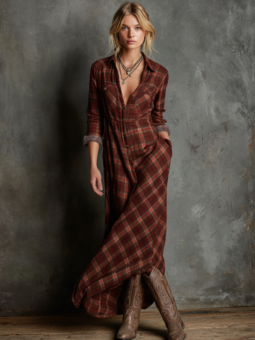 Women's Green Plaid Shirt Maxi Dress | Lapel Single-Breasted Casual Everyday Dress