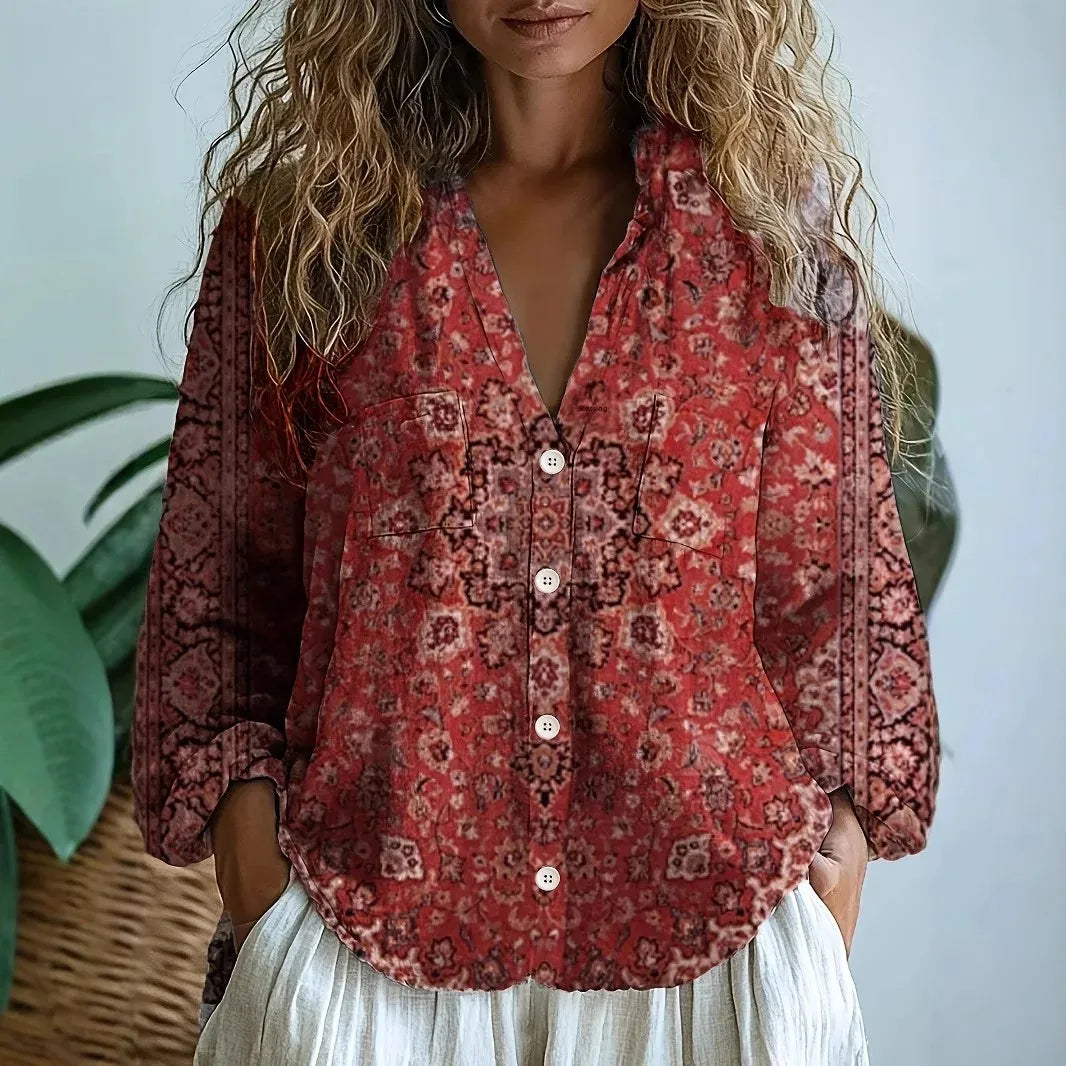 Women's Purple Printed V-Neck Long Sleeve Blouse | Casual Top
