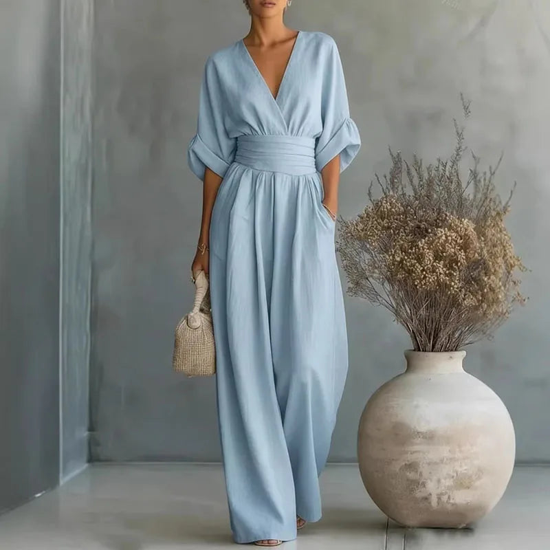 Women's Wide-Leg Linen-Look Jumpsuit | Cinched Waist Deep V-Neck
