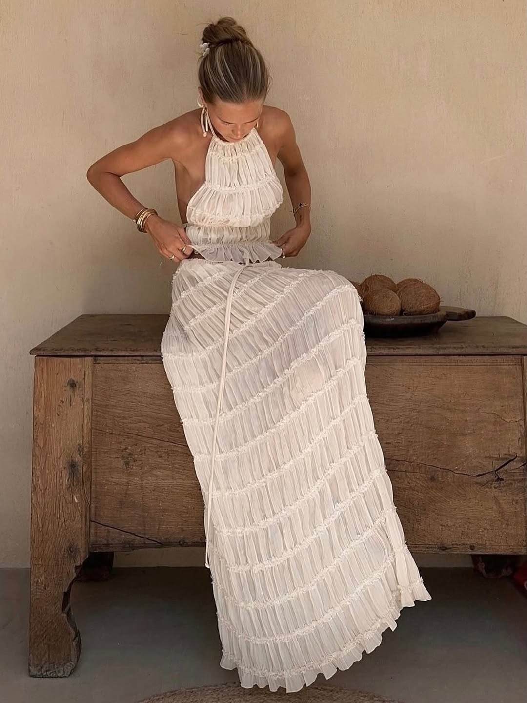 Women's Ivory Boho Ruffle Two-Piece Set | Flowy Skirt & Ruffled Top Summer Matching Outfit