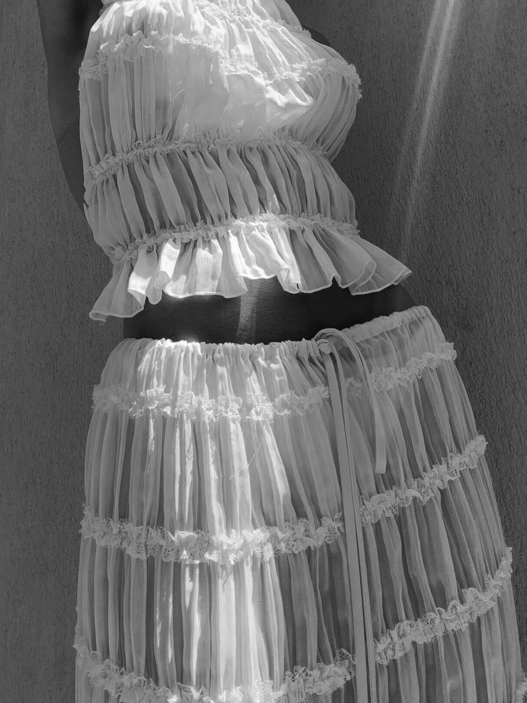 Women's Ivory Boho Ruffle Two-Piece Set | Flowy Skirt & Ruffled Top Summer Matching Outfit
