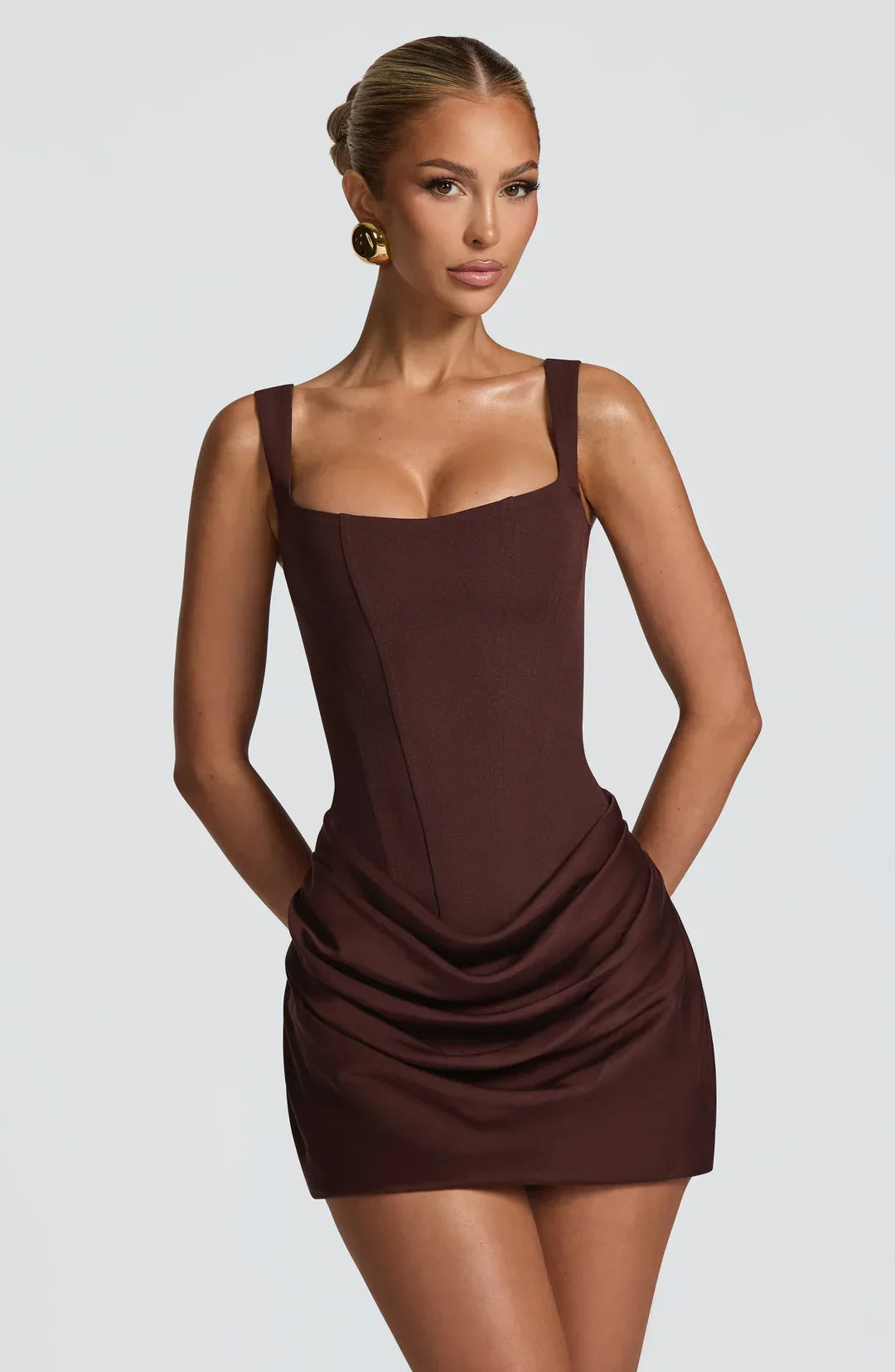 Women's Brown Sleeveless Draped Corset Mini Dress