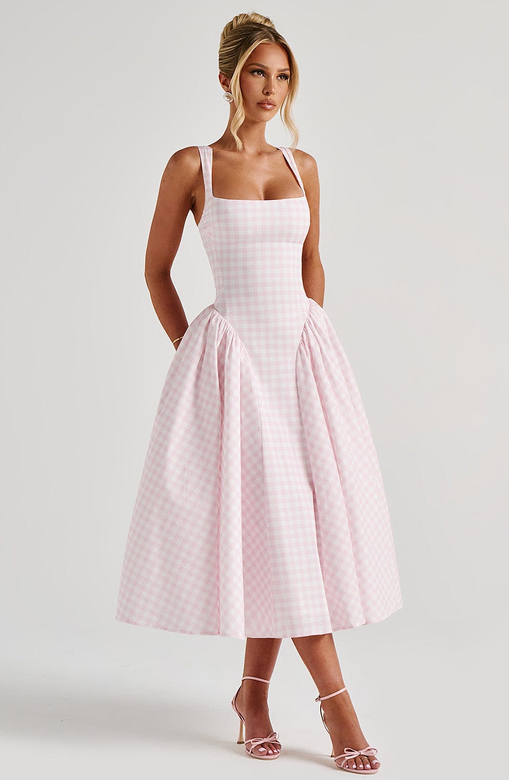Women's Pink A-Line Midi Dress | Square Neck Sleeveless Elegant Formal & Casual Dress