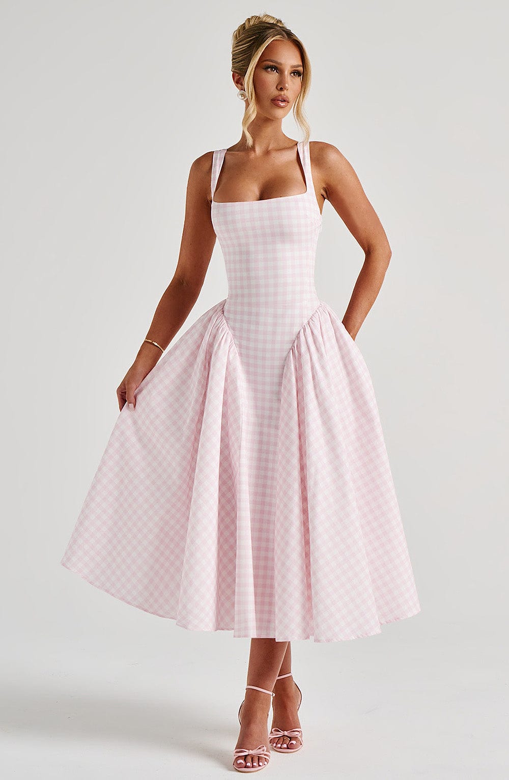 Women's Pink A-Line Midi Dress | Square Neck Sleeveless Elegant Formal & Casual Dress