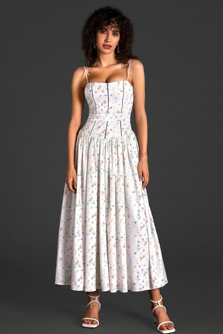 Women's Strapless Floral Midi Dress | Elegant Casual Summer & Wedding Guest Dress