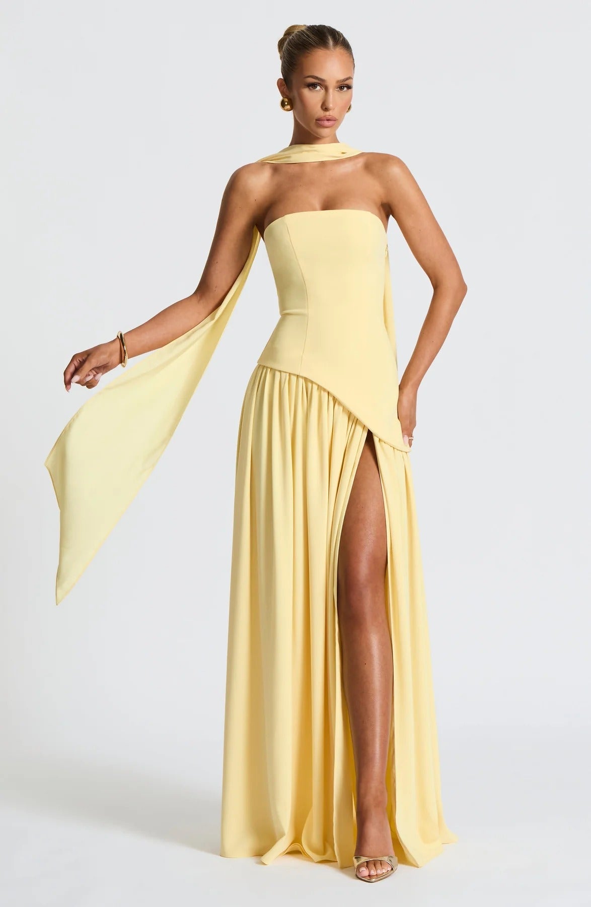 Women's Yellow Strapless Maxi Wedding Guest Dress with Scarf