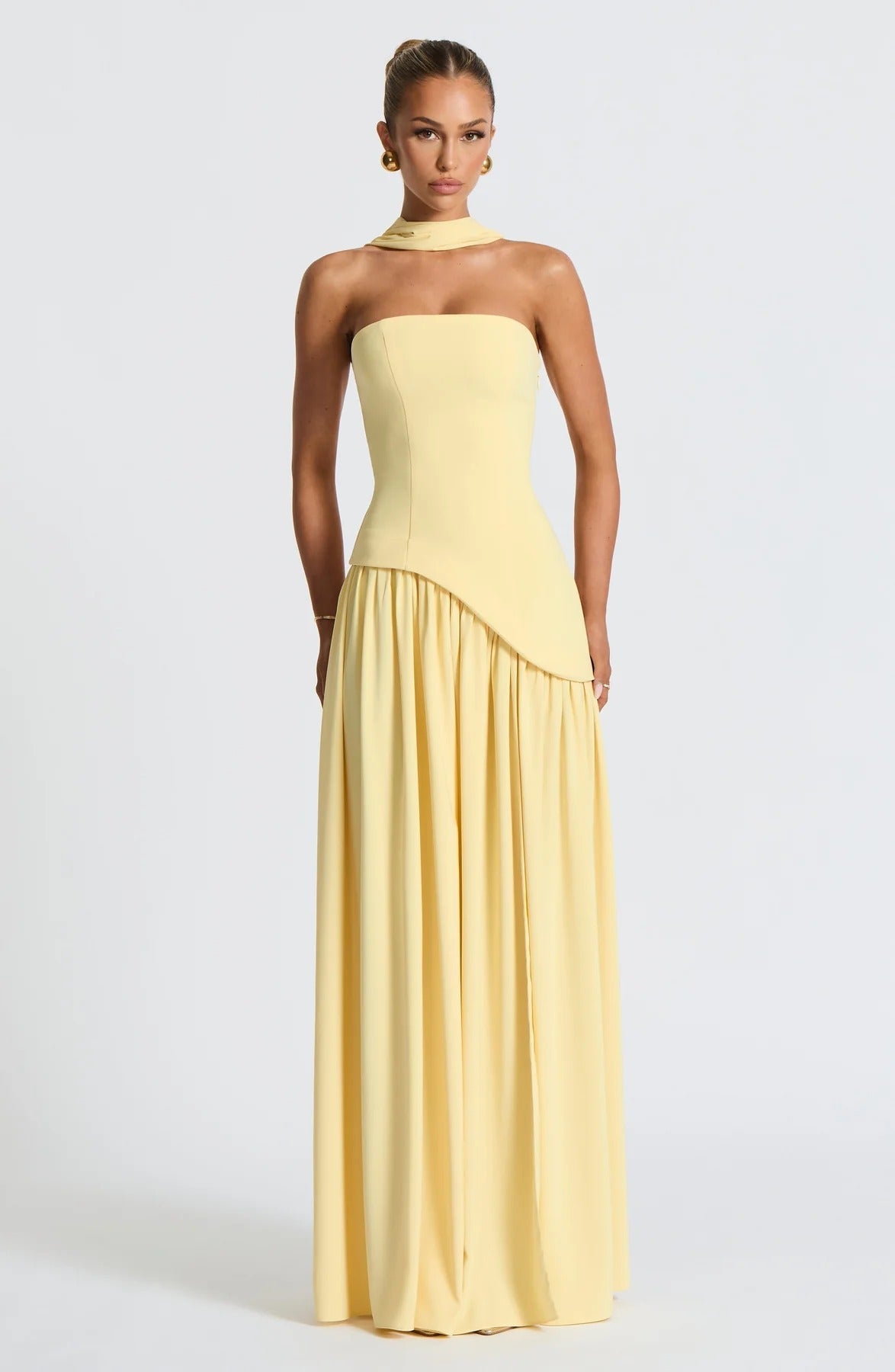 Women's Yellow Strapless Maxi Wedding Guest Dress with Scarf
