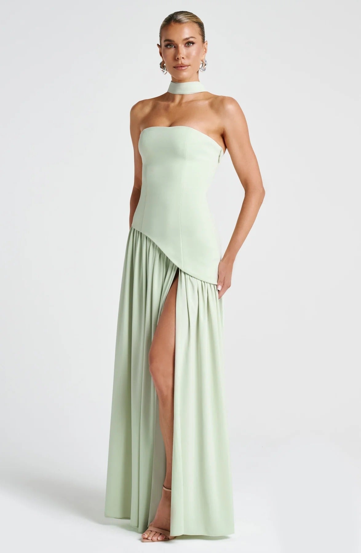 Women's Yellow Strapless Maxi Wedding Guest Dress with Scarf