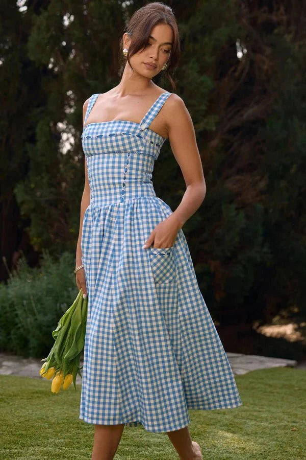 Women's Gingham Sweetheart Neck Smocked Bodice Flared Midi Dress with Pockets