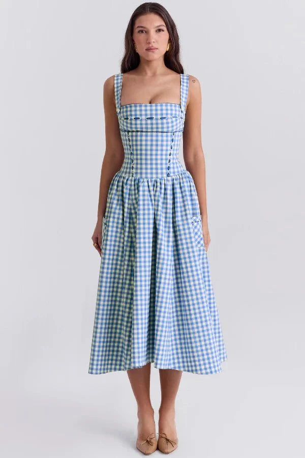 Women's Gingham Sweetheart Neck Smocked Bodice Flared Midi Dress with Pockets