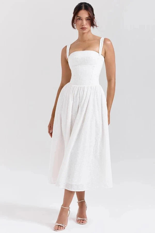 Women's Gingham Sweetheart Neck Smocked Bodice Flared Midi Dress with Pockets