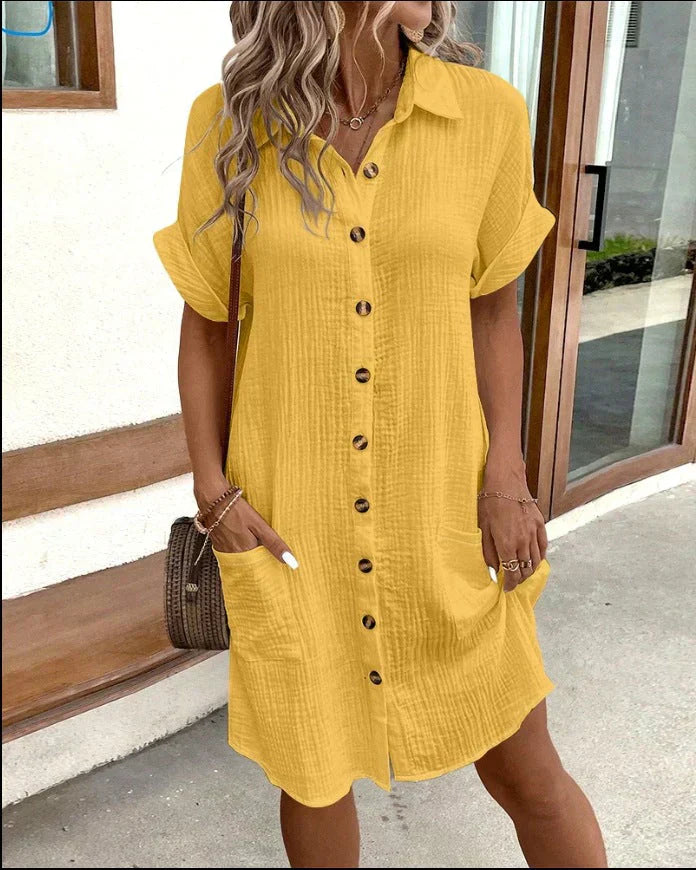 Women's Button-Down Collared Short Sleeve Textured Mini Shirt Dress with Pockets