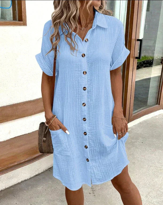 Women's Button-Down Collared Short Sleeve Textured Mini Shirt Dress with Pockets