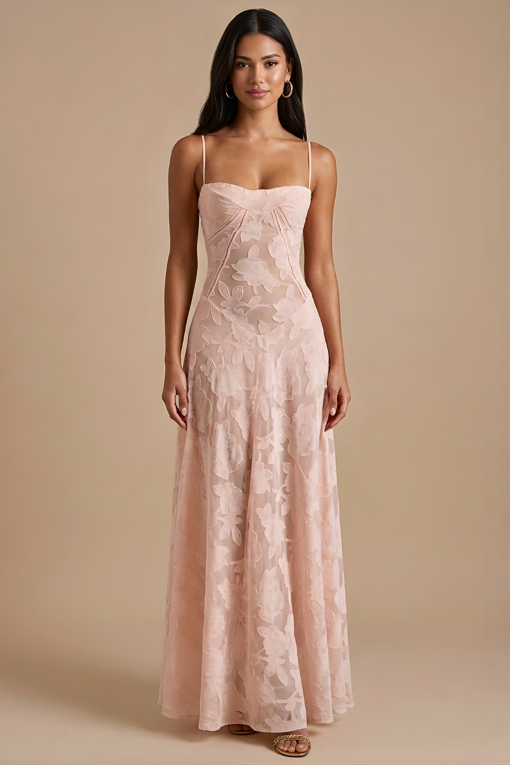 Women's Pink Lace Maxi Dress | Spaghetti Strap Corset Lace-Up Back Formal Evening Dress