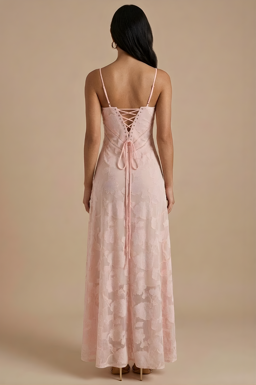 Women's Pink Lace Maxi Dress | Spaghetti Strap Corset Lace-Up Back Formal Evening Dress