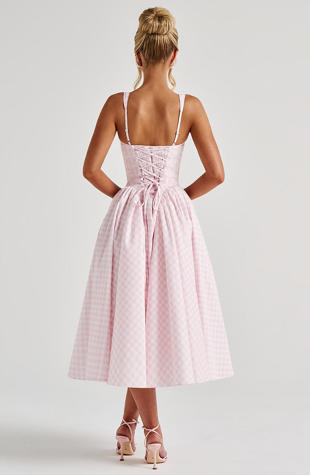 Women's Pink Gingham Midi Dress with Adjustable Straps and Fitted Bodice