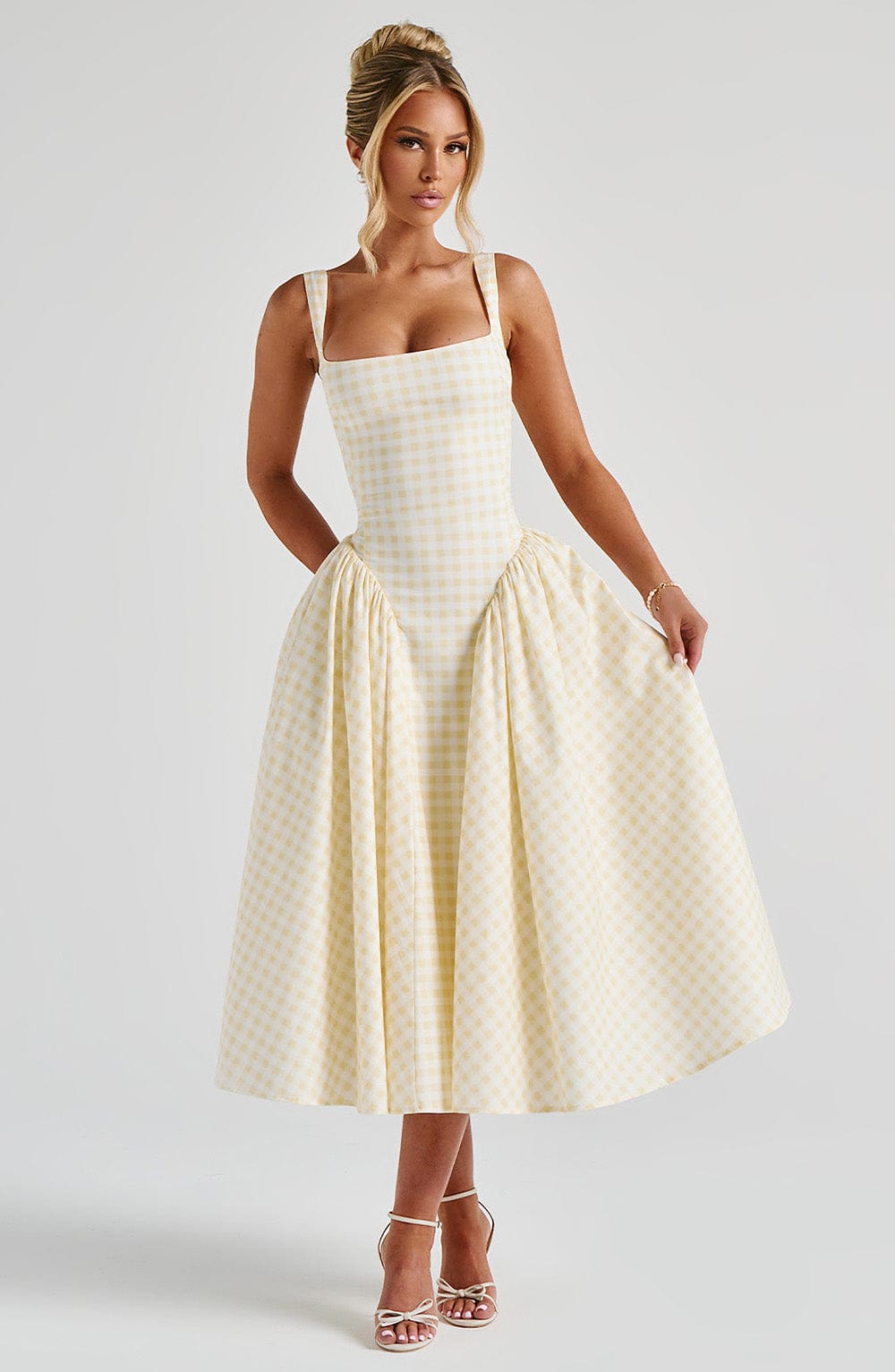Women's Pink Gingham Midi Dress with Adjustable Straps and Fitted Bodice