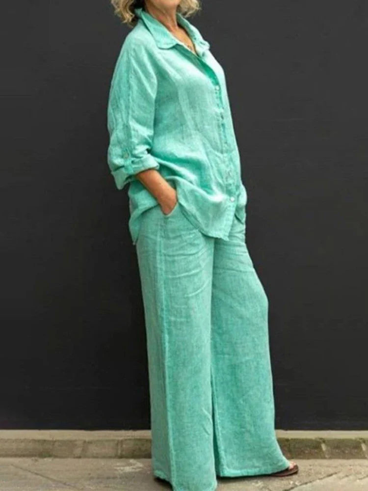 Women's Gray Two-Piece Set | Vintage Blouse & Loose Trousers Casual & Formal Outfit