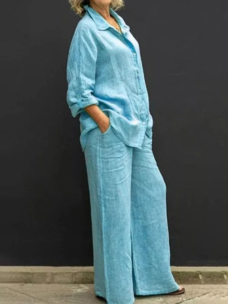Women's Gray Two-Piece Set | Vintage Blouse & Loose Trousers Casual & Formal Outfit