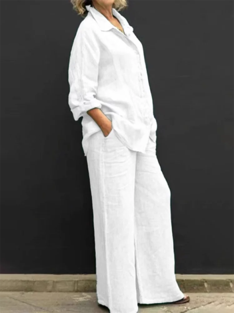 Women's Gray Two-Piece Set | Vintage Blouse & Loose Trousers Casual & Formal Outfit