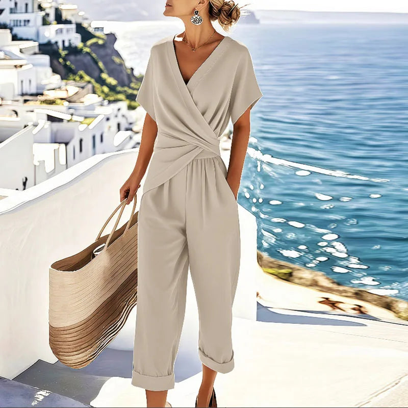 Women's Beige Wrap V-Neck Short Sleeve Wide Leg Two-Piece Set