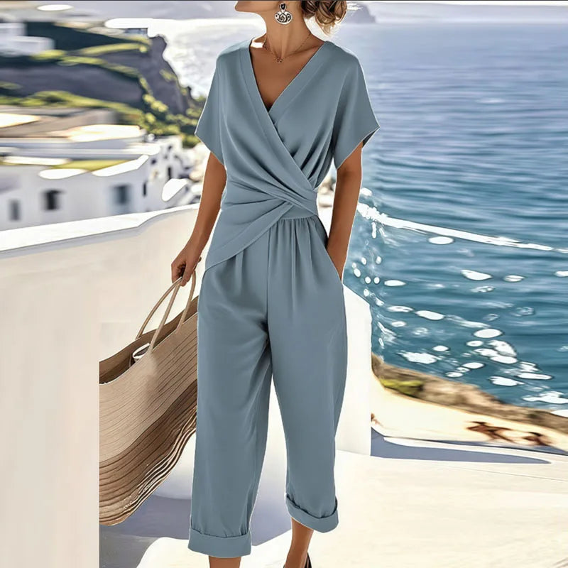Women's Beige Wrap V-Neck Short Sleeve Wide Leg Two-Piece Set