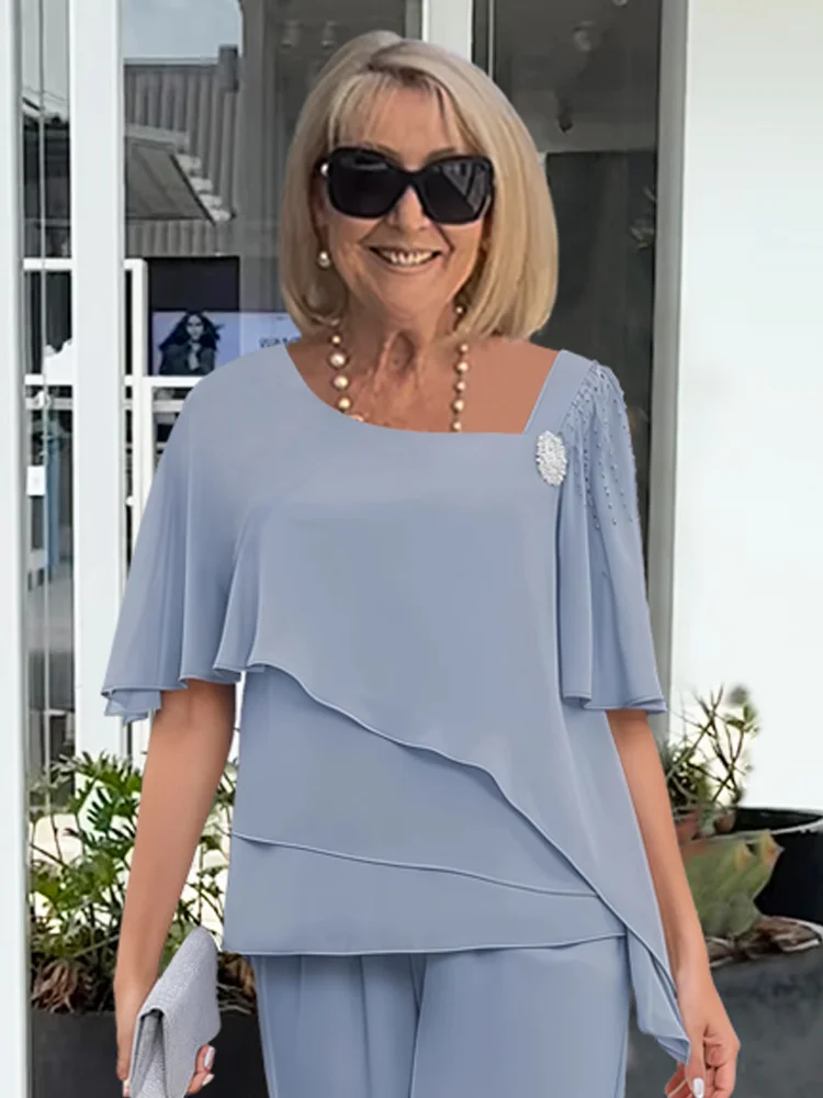 Women's Scoop Neck Short Sleeve Layered Chiffon Top and Wide Leg Pants Two-Piece Set Mother of the Bride