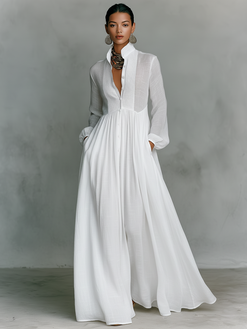 Women's White Maxi Dress | Single-Breasted Stand Collar Long Sleeve Patchwork Casual Dress