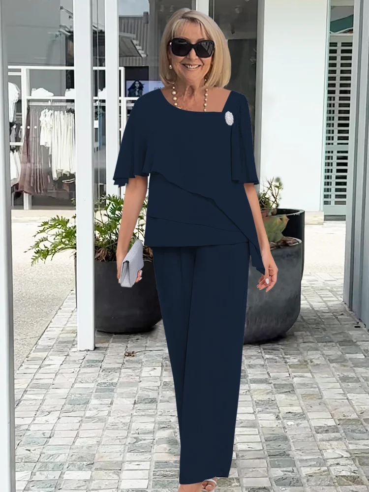 Women's Scoop Neck Short Sleeve Layered Chiffon Top and Wide Leg Pants Two-Piece Set Mother of the Bride