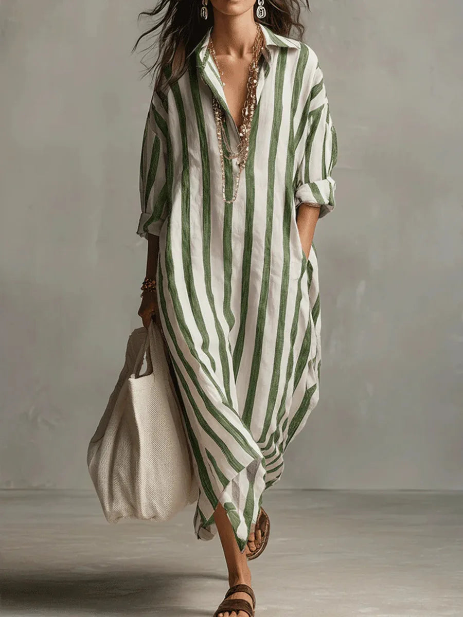 Women's Striped Linen Blend Long Shirt Dress | Relaxed V-Neck Casual