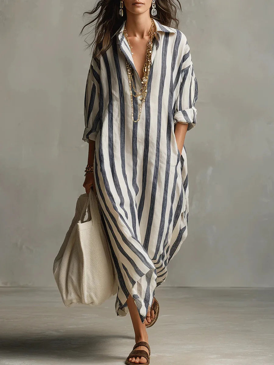 Women's Striped Linen Blend Long Shirt Dress | Relaxed V-Neck Casual