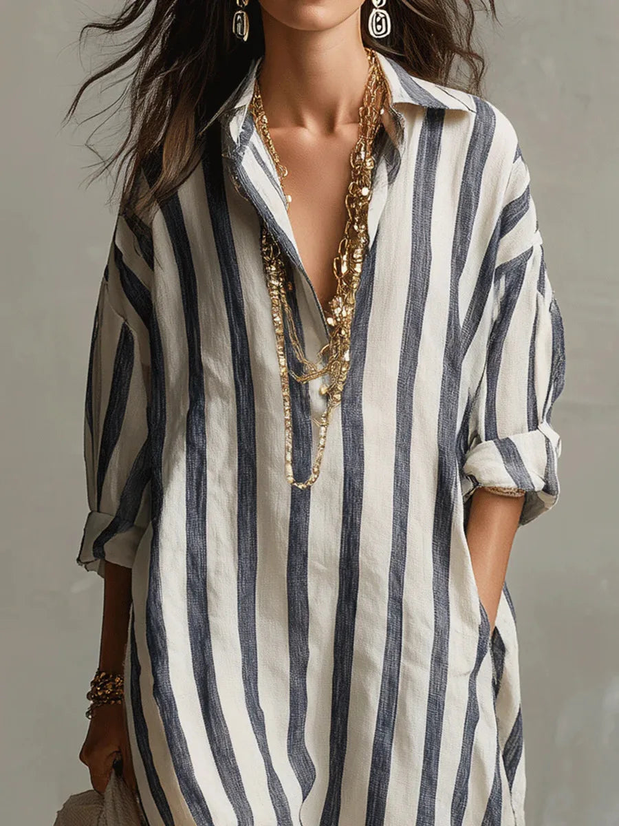 Women's Striped Linen Blend Long Shirt Dress | Relaxed V-Neck Casual