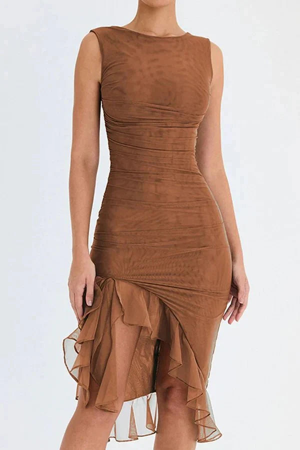 Women's High Neck Open Back Stretch Mesh Midi Dress | Ruffle Hem Party Dress