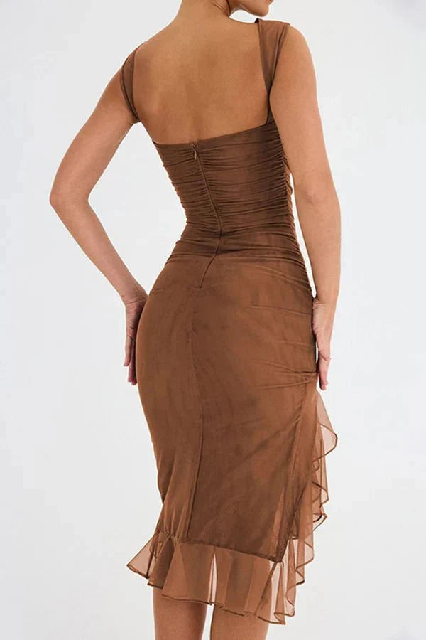 Women's High Neck Open Back Stretch Mesh Midi Dress | Ruffle Hem Party Dress