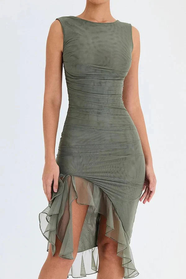 Women's High Neck Open Back Stretch Mesh Midi Dress | Ruffle Hem Party Dress