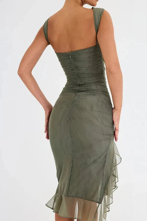 Women's High Neck Open Back Stretch Mesh Midi Dress | Ruffle Hem Party Dress