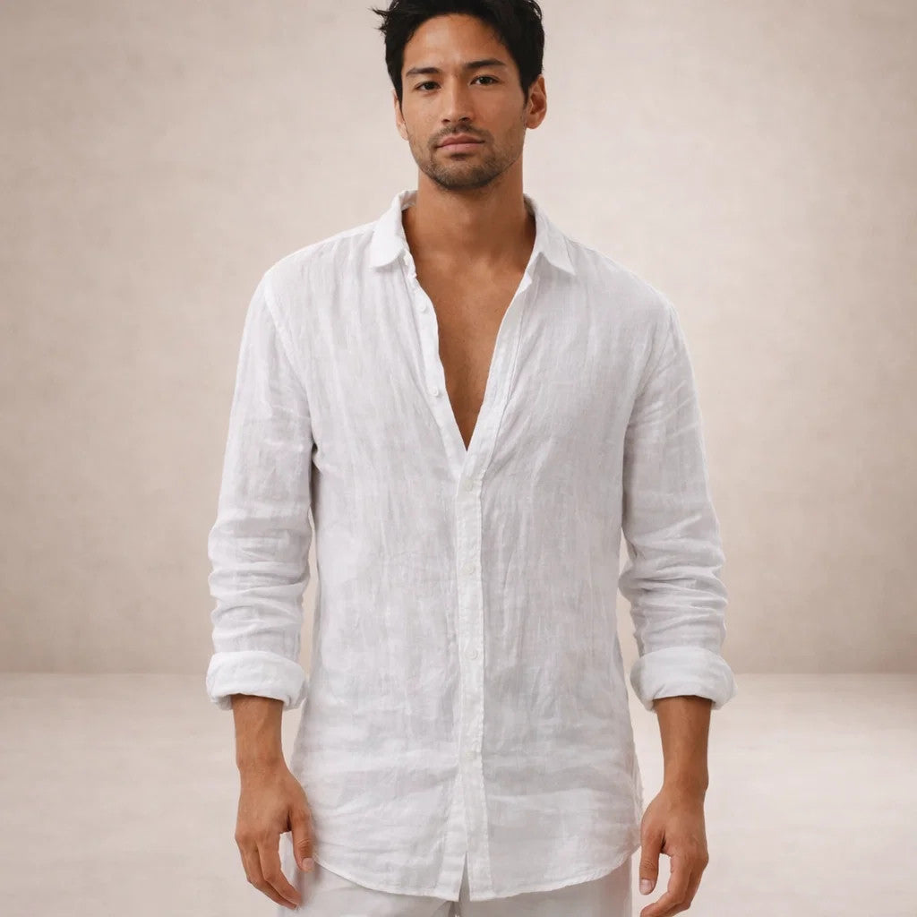 mens regular fit long sleeve linen shirt | open collar breathable top - detail view