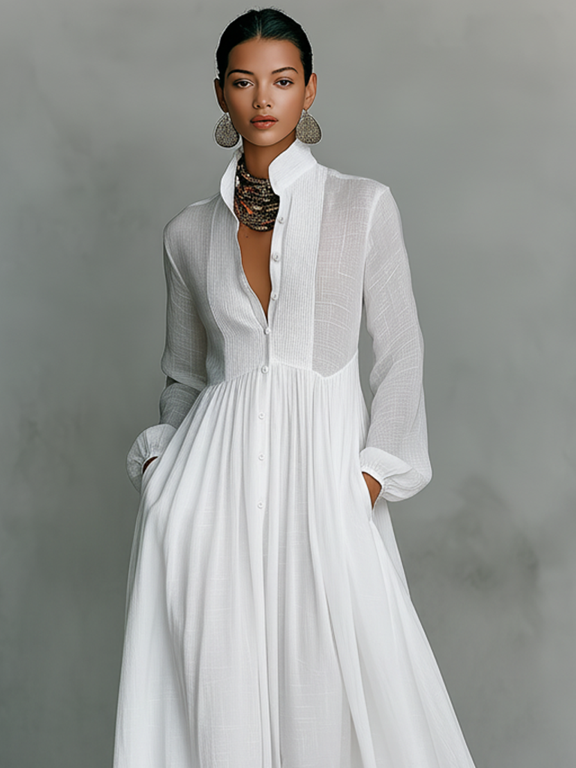 Women's White Maxi Dress | Single-Breasted Stand Collar Long Sleeve Patchwork Casual Dress