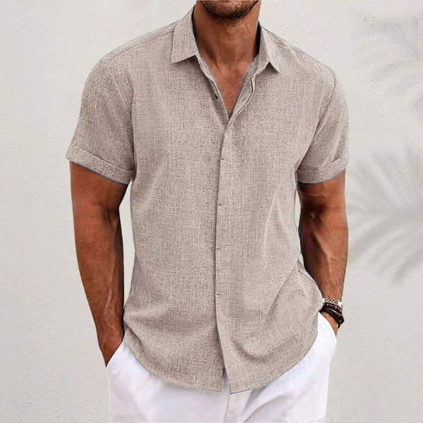 mens short sleeve linen button-up shirt | lightweight summer top - flat lay view