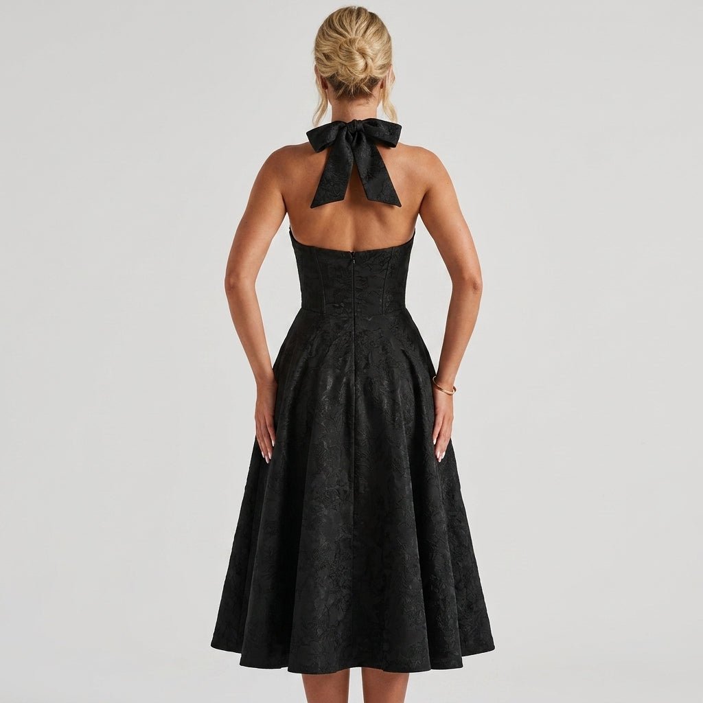 Women's Halter Neck Bow Deep V-Back Full A-Line Midi Dress Cocktail Formal