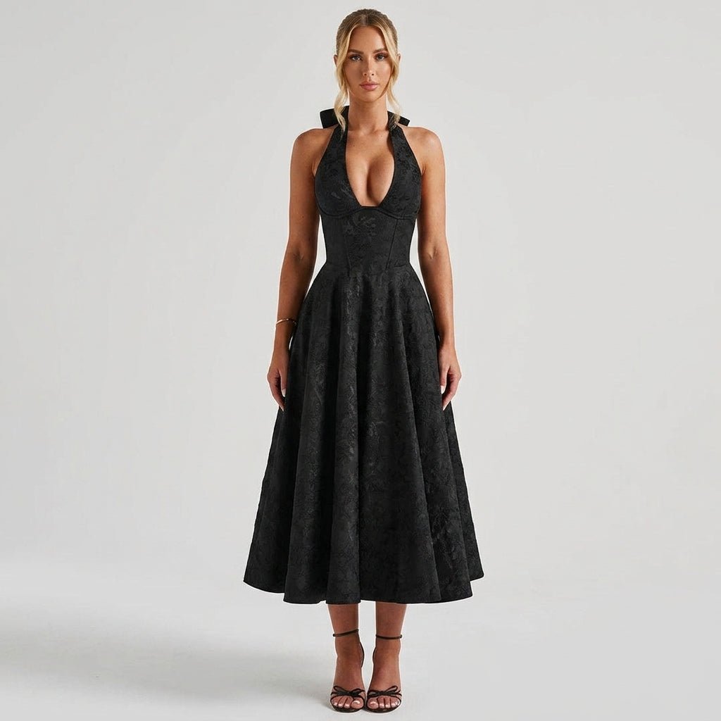 Women's Halter Neck Bow Deep V-Back Full A-Line Midi Dress Cocktail Formal