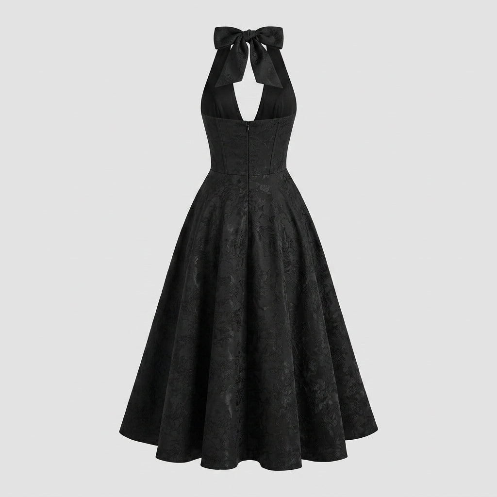 Women's Halter Neck Bow Deep V-Back Full A-Line Midi Dress Cocktail Formal