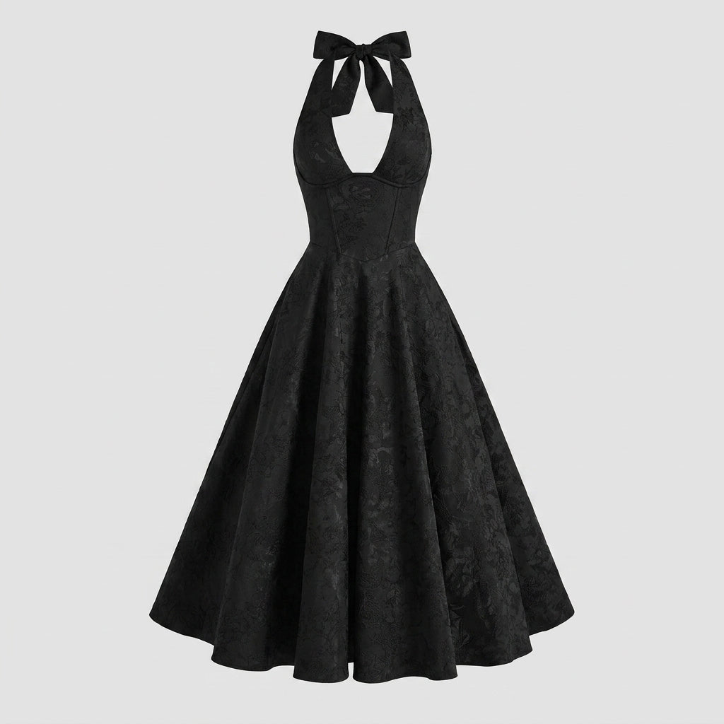 Women's Halter Neck Bow Deep V-Back Full A-Line Midi Dress Cocktail Formal
