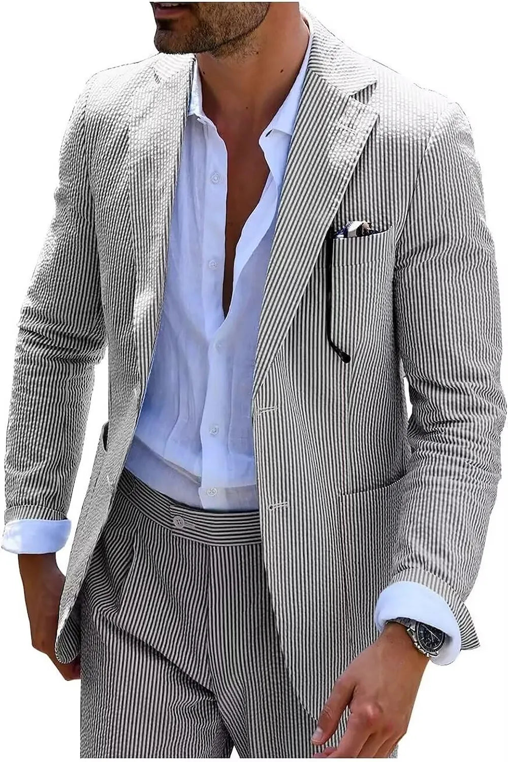 men's striped seersucker 2-piece suit - black white front view