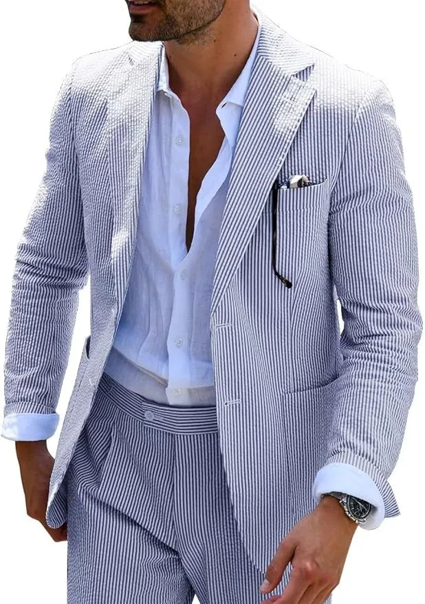 men's striped seersucker 2-piece suit - blue white color