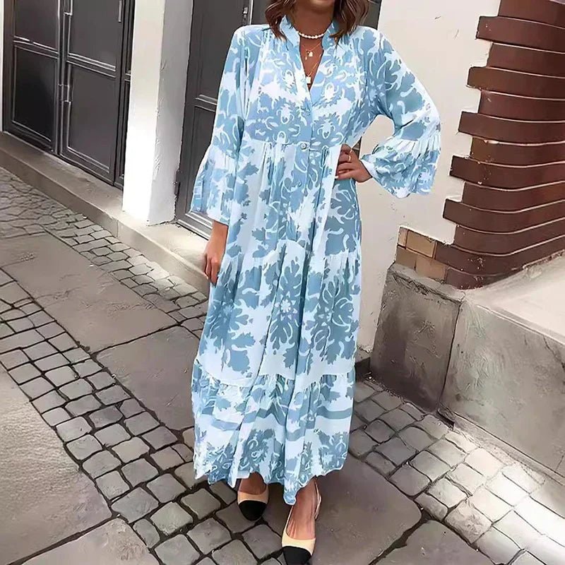 women's flowy boho printed maxi dress - side view