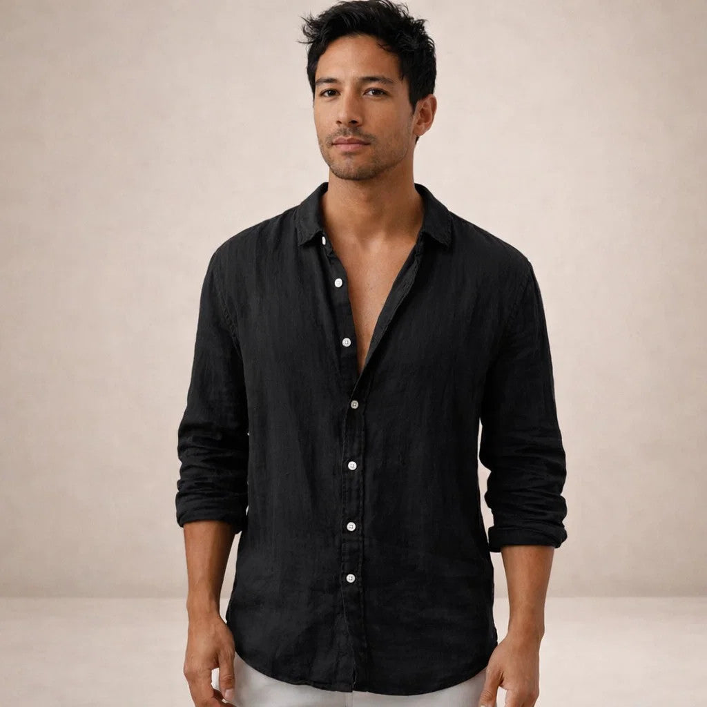 mens regular fit long sleeve linen shirt | open collar breathable top - close-up view