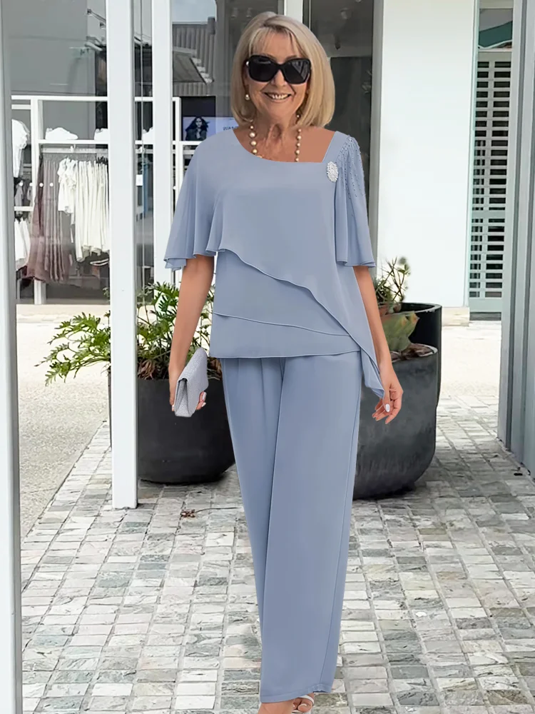 Women's Scoop Neck Short Sleeve Layered Chiffon Top and Wide Leg Pants Two-Piece Set Mother of the Bride