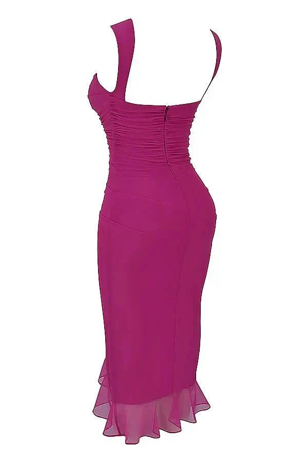 Women's High Neck Open Back Stretch Mesh Midi Dress | Ruffle Hem Party Dress