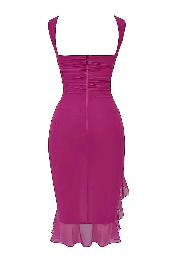 Women's High Neck Open Back Stretch Mesh Midi Dress | Ruffle Hem Party Dress